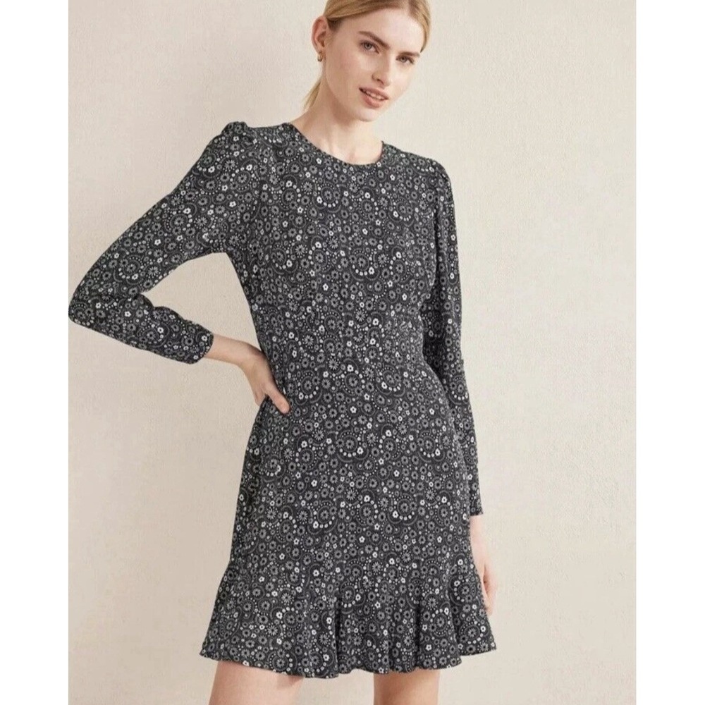 Boden Mini Dress Size 8 Black White Long Sleeve Puff Sleeve Modest Floral Ruffle